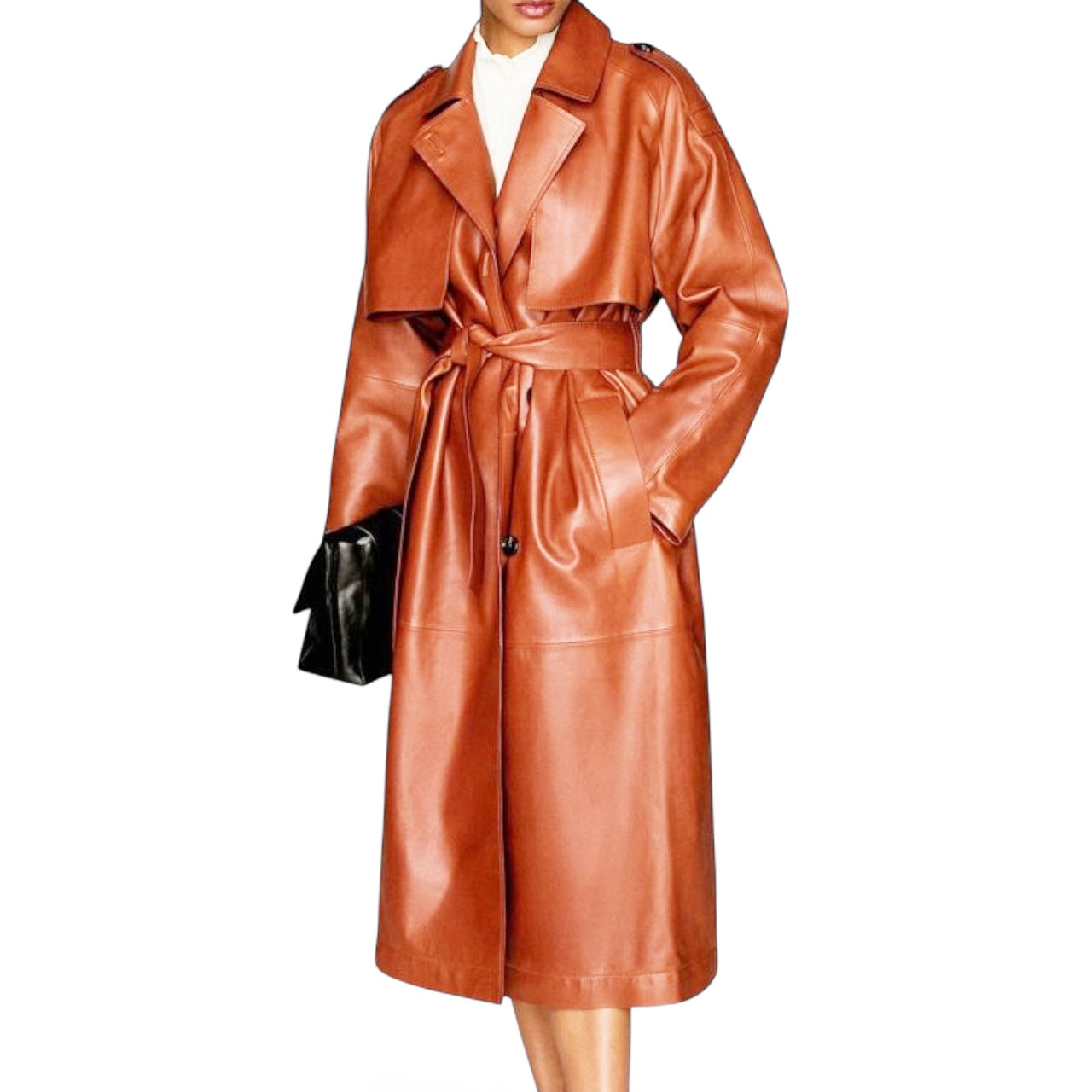 MASSIMO DUTTI LEATHER TRENCH COAT – CAMEL – SIZE L