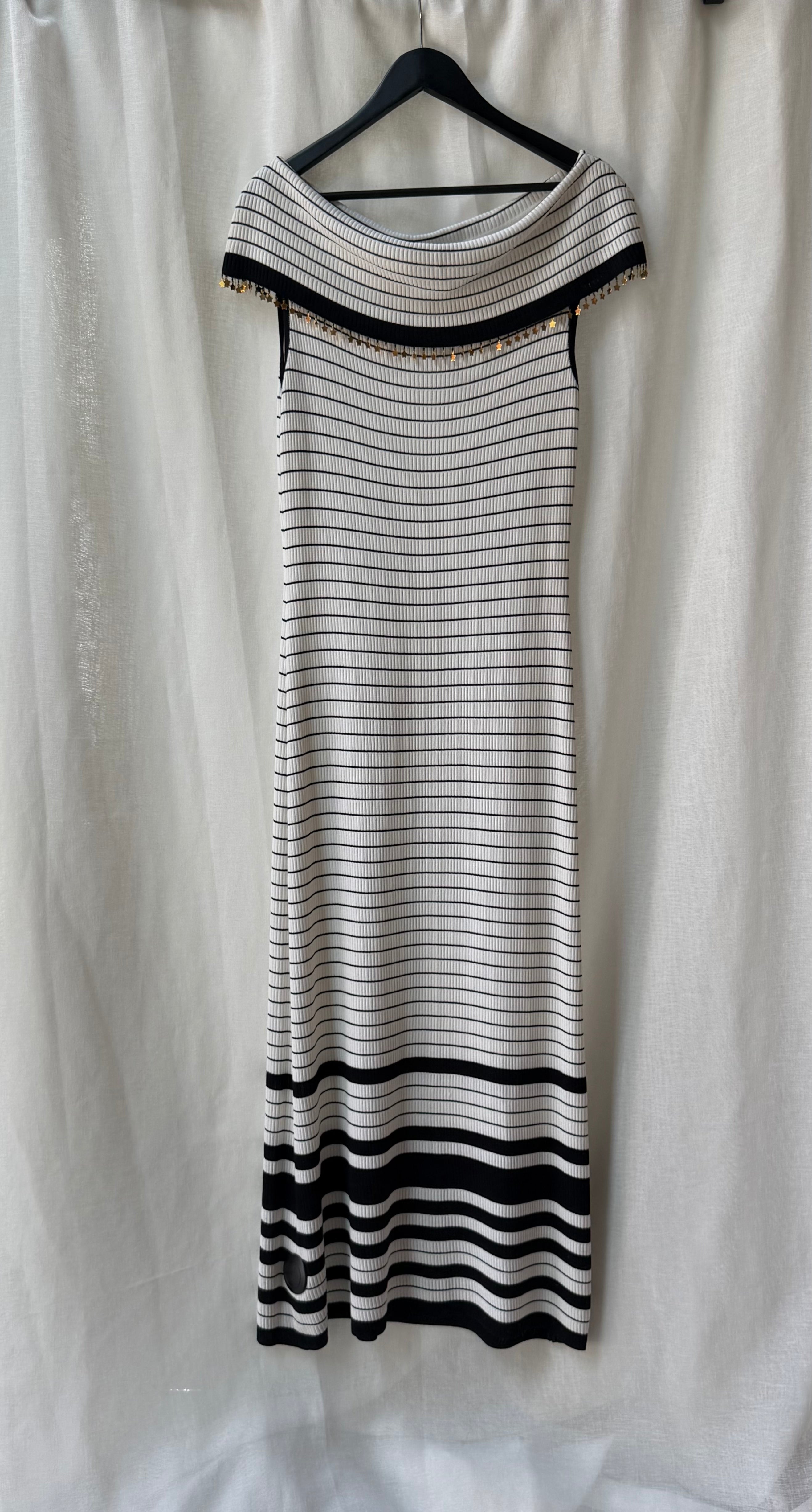 Vintage Escada Off-The-Shoulder Striped Maxi Dress