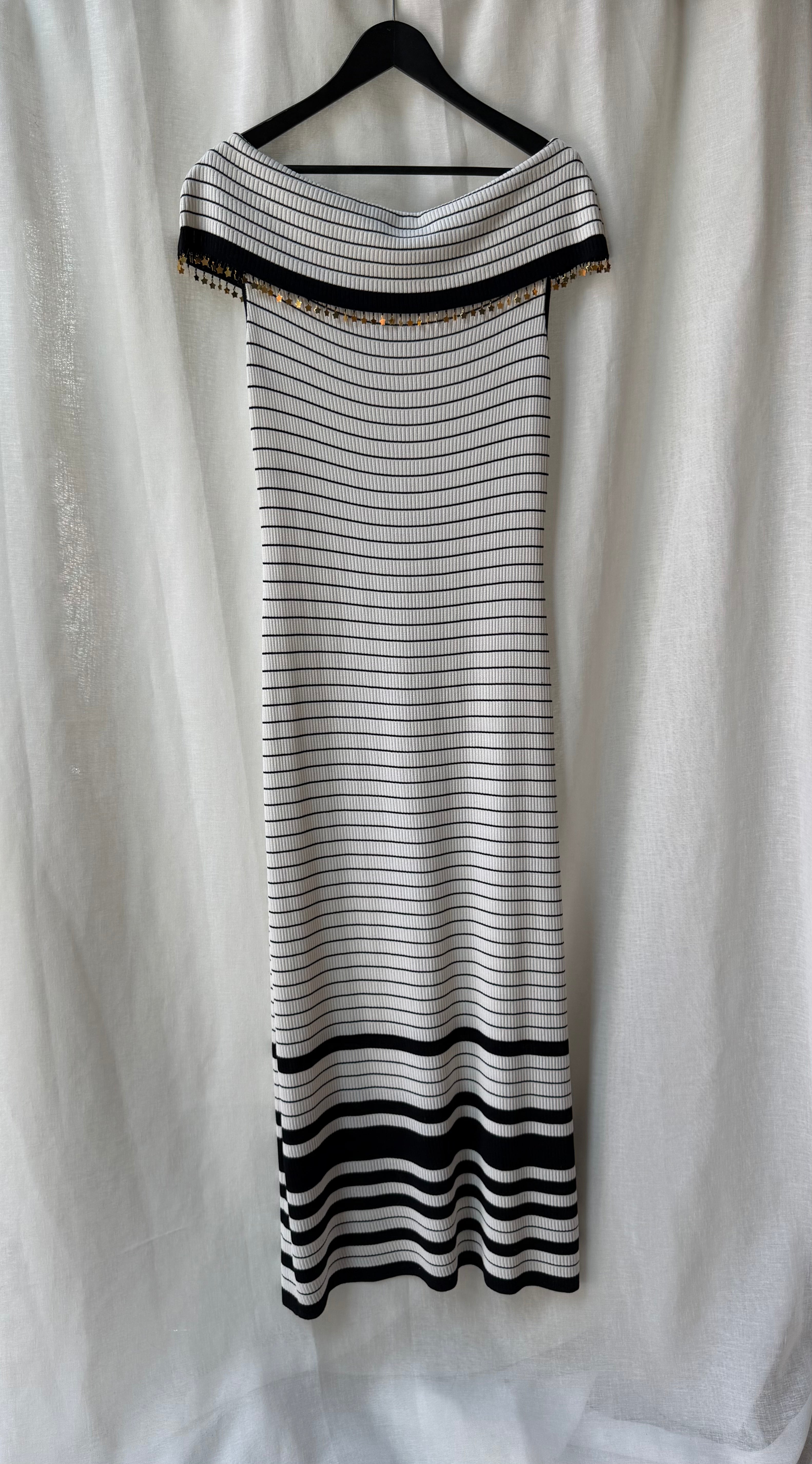 Vintage Escada Off-The-Shoulder Striped Maxi Dress
