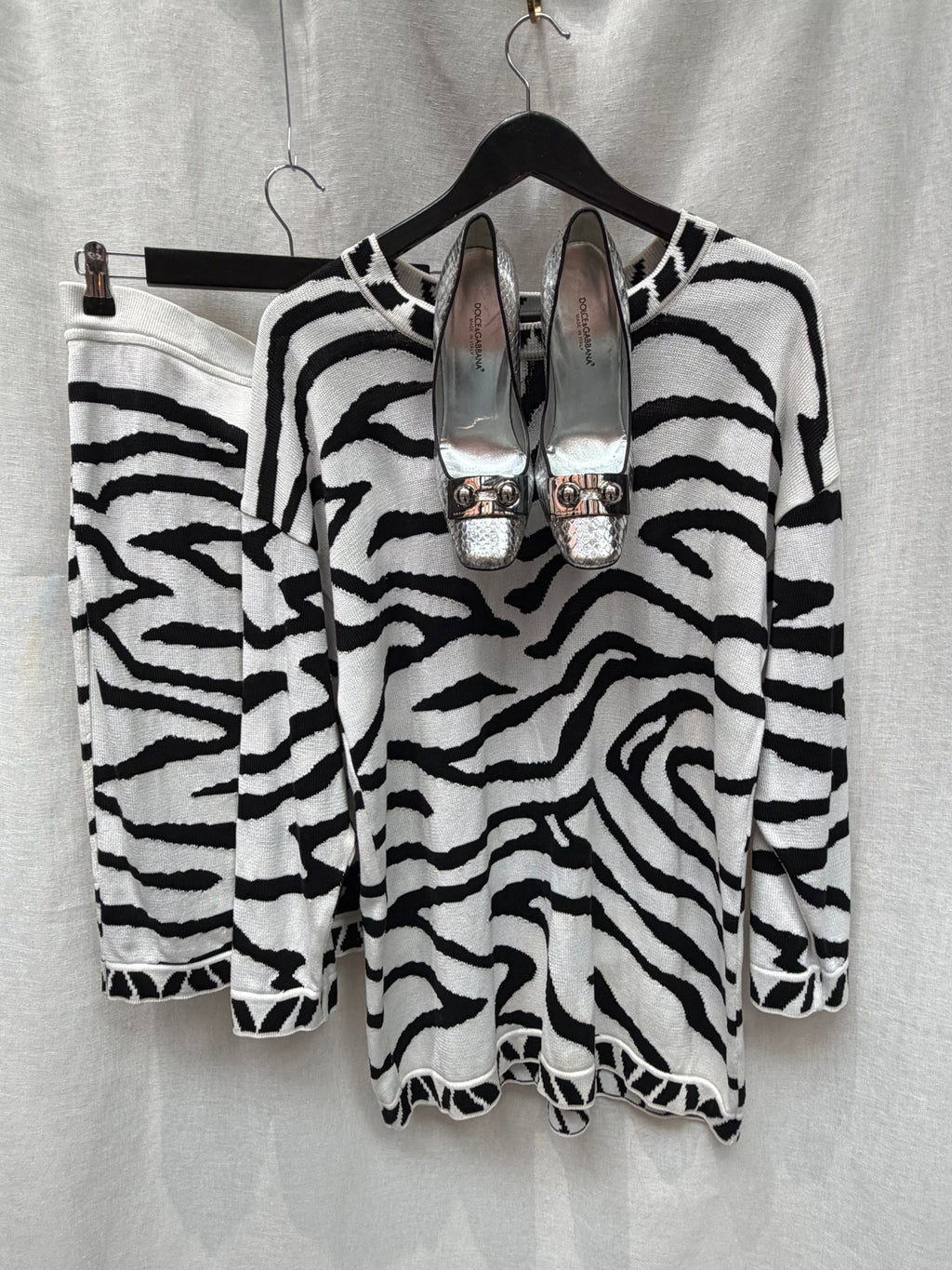 Vintage Escada Zebra Print Knit Skirt Set