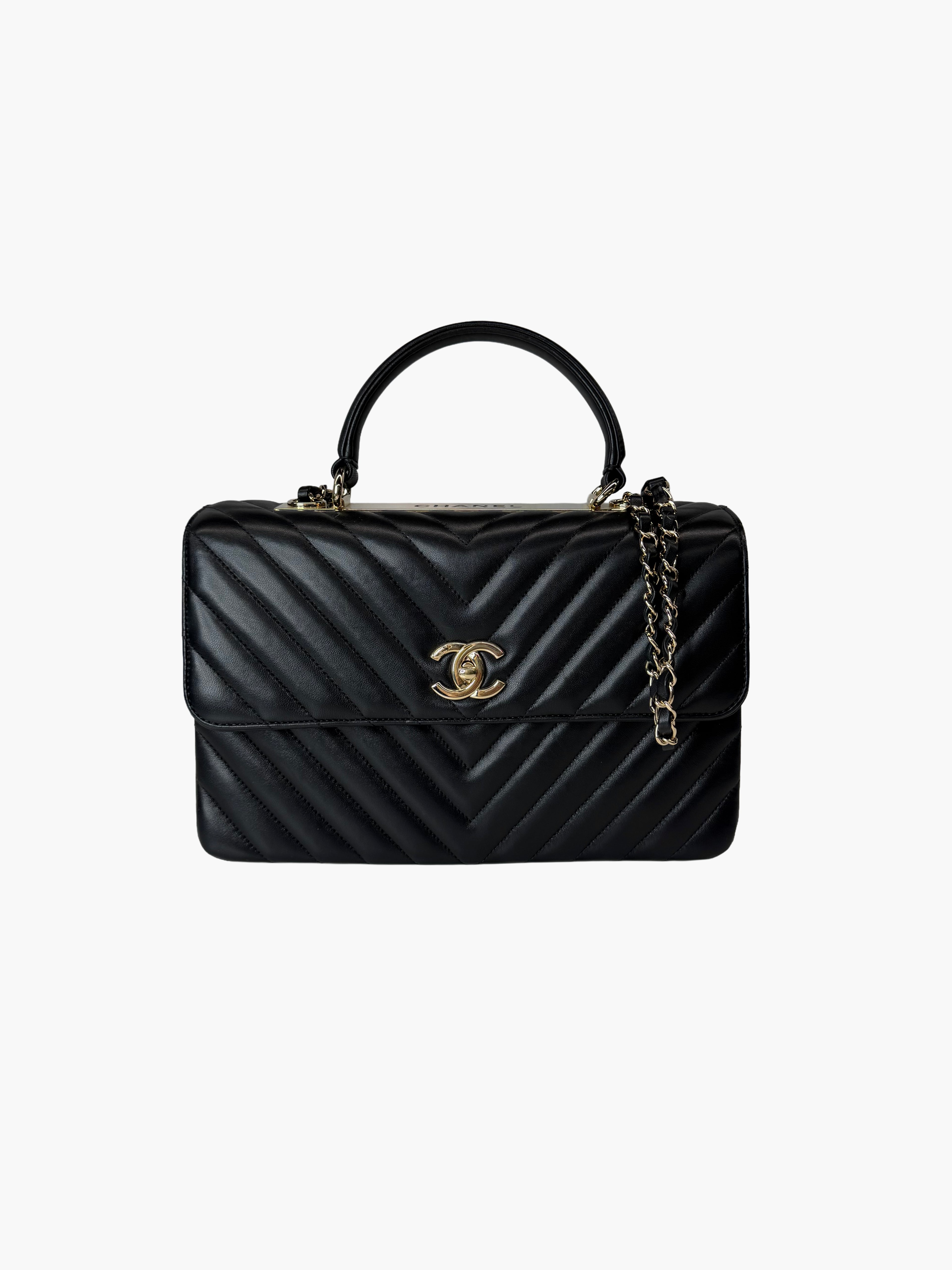 Chanel Trendy CC Top Handle Bag – Black Lambskin Chevron with Gold Hardware