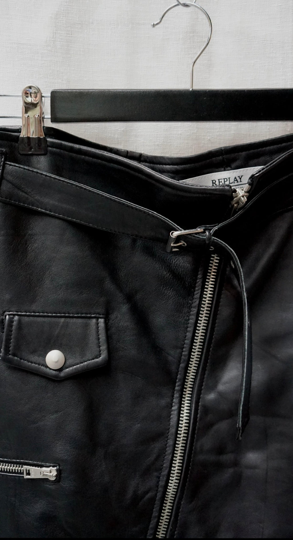 Replay Black Genuine Leather Moto Mini Skirt