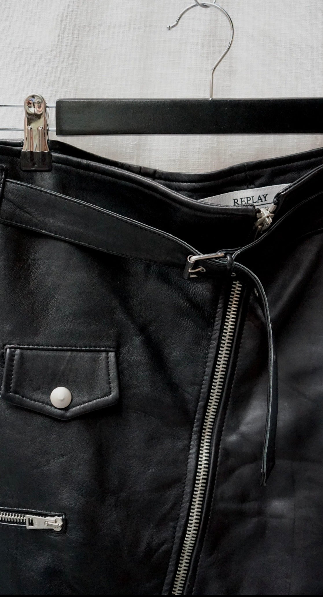 Replay Black Genuine Leather Moto Mini Skirt
