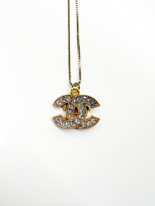 Vintage Chanel Crystal Logo Pendant Necklace