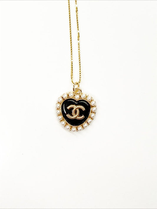 Vintage Chanel Pearl Encrusted Heart Pendant Necklace