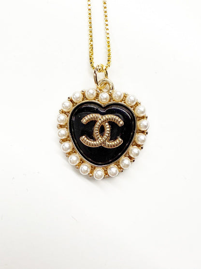 Vintage Chanel Pearl Encrusted Heart Pendant Necklace