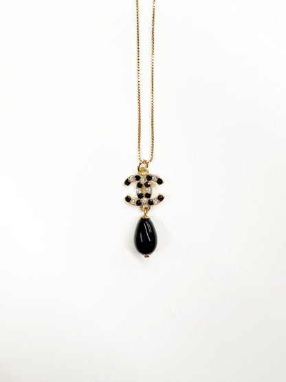 Vintage Chanel Black Onyx Drop Pendant Necklace