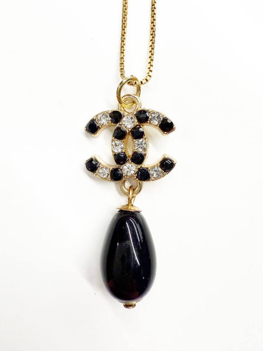 Vintage Chanel Black Onyx Drop Pendant Necklace