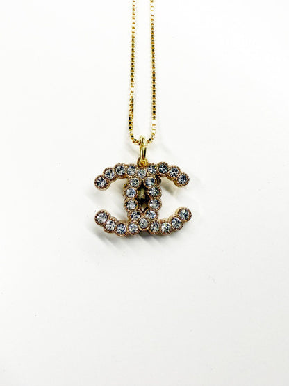 Vintage Chanel Crystal Encrusted Logo Pendant Necklace