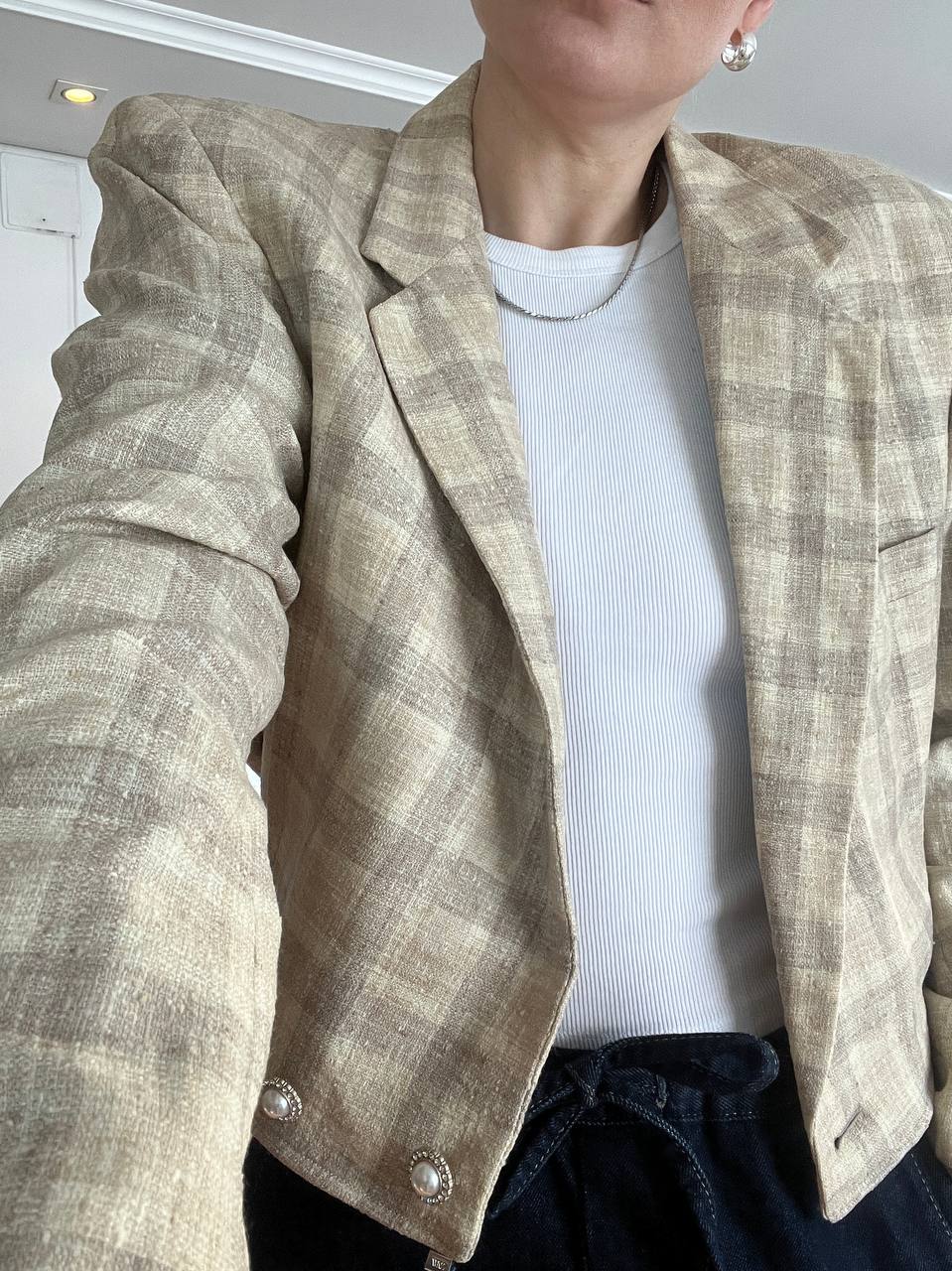 Redesigned  beige plaid cropped blazer