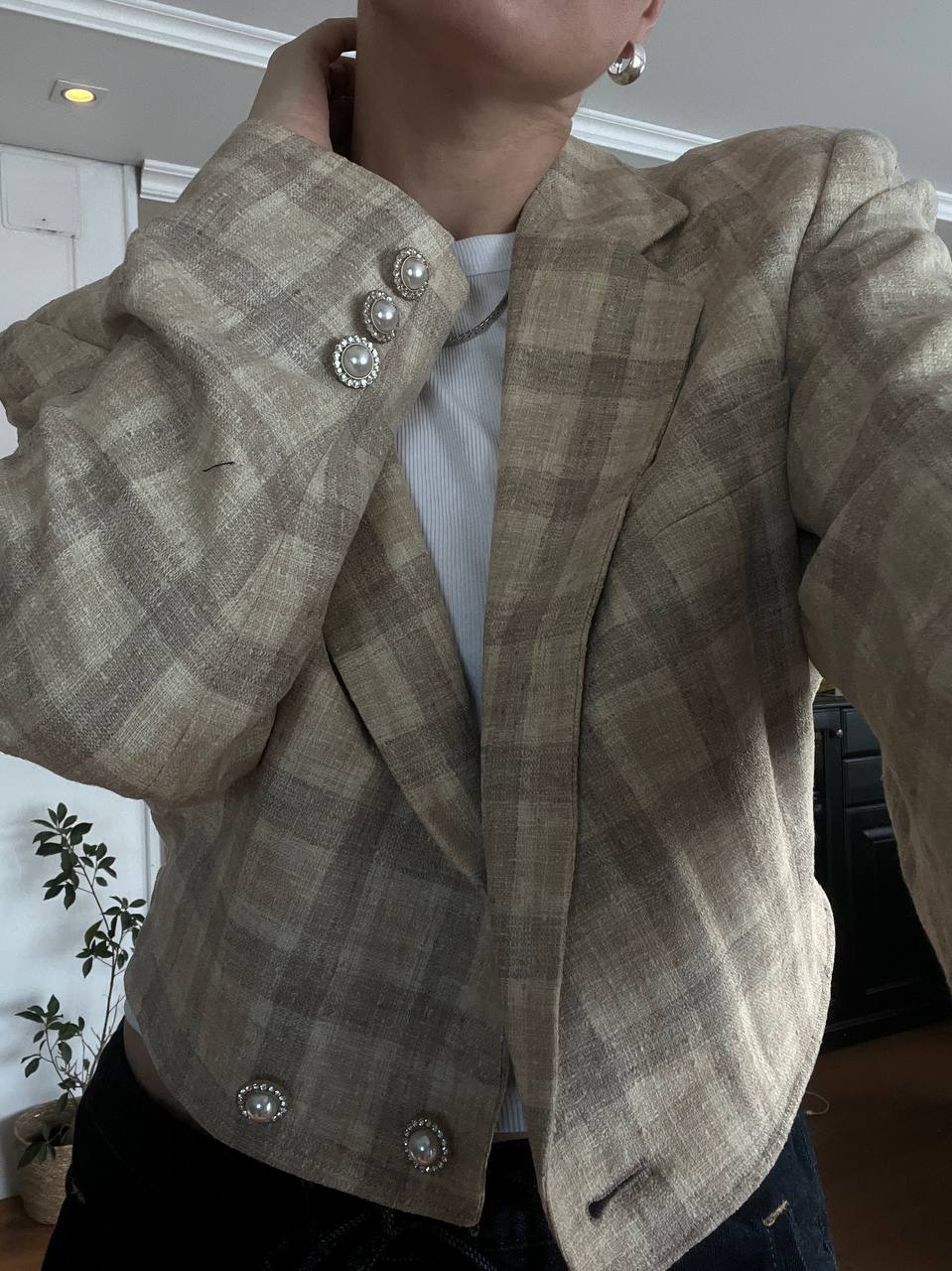 Redesigned  beige plaid cropped blazer