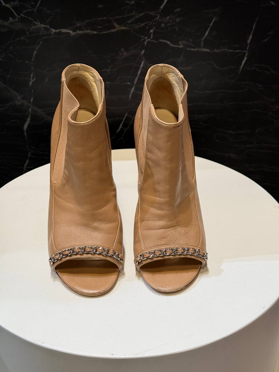 Chanel Beige Leather Open-Toe Ankle Boots with Chain Detail