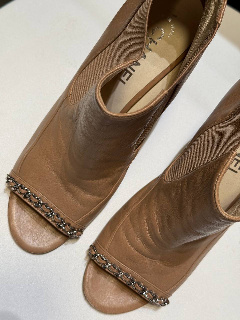 Chanel Beige Leather Open-Toe Ankle Boots with Chain Detail