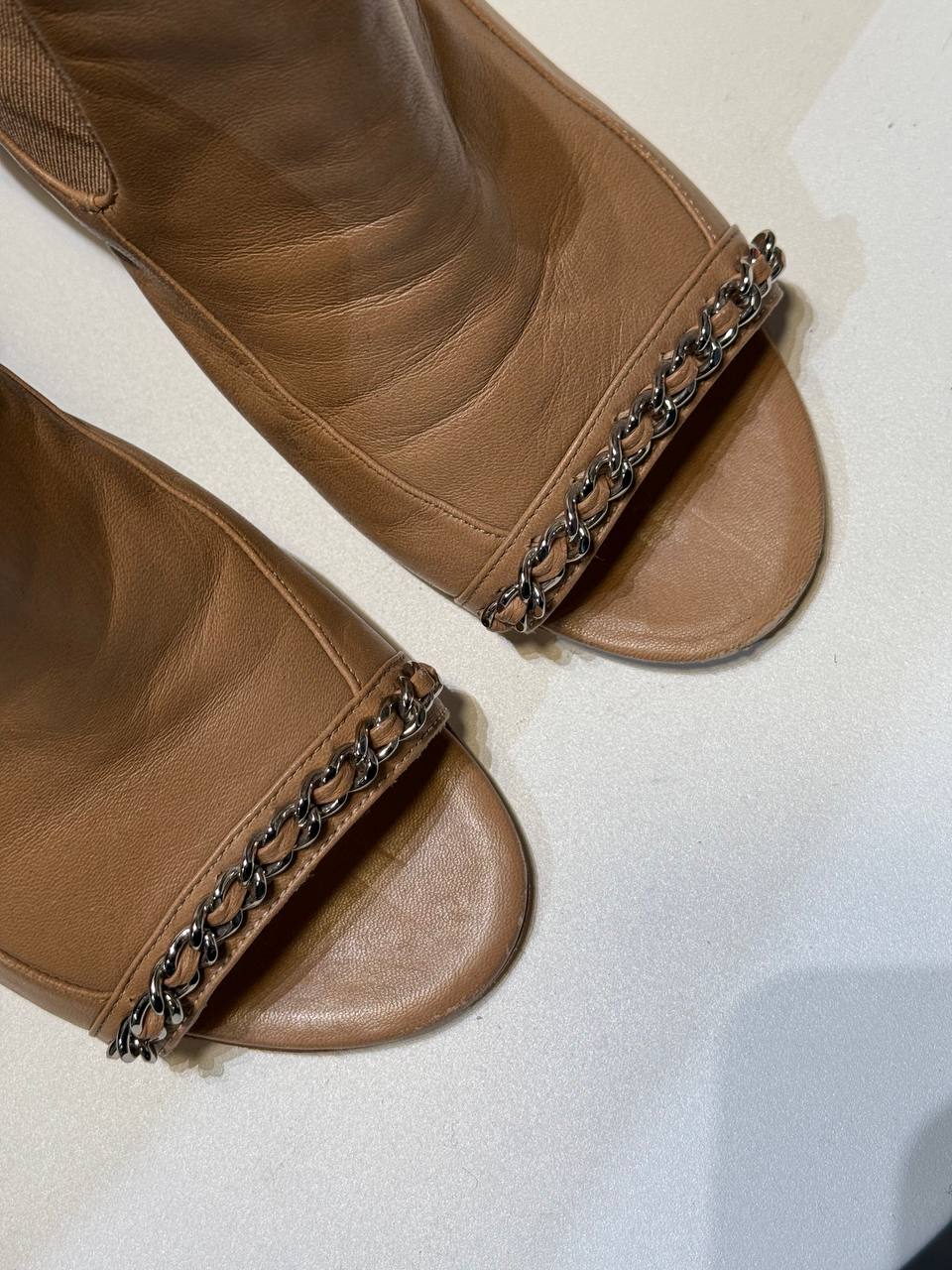 Chanel Beige Leather Open-Toe Ankle Boots with Chain Detail