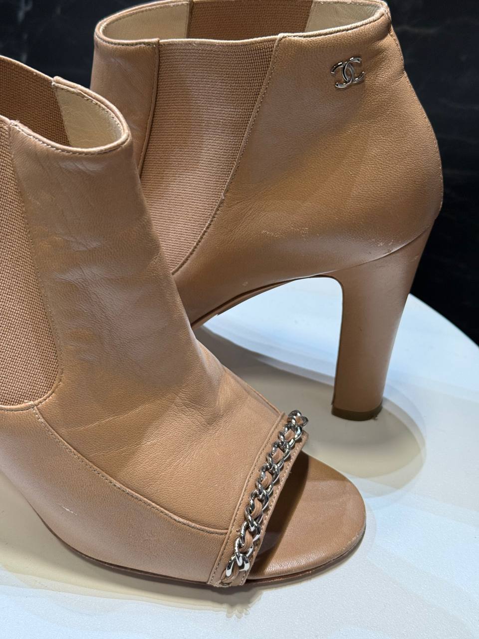 Chanel Beige Leather Open-Toe Ankle Boots with Chain Detail