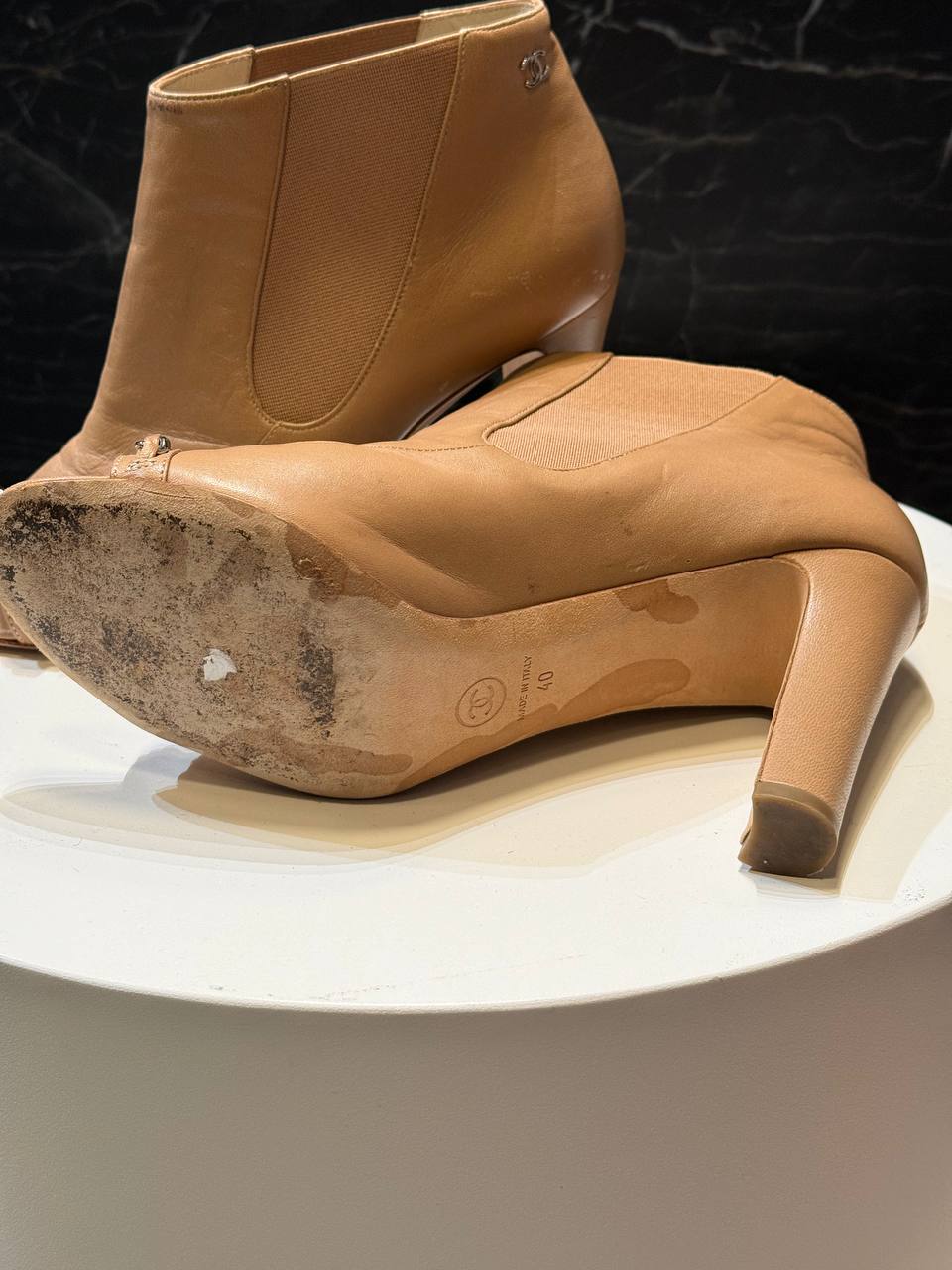 Chanel Beige Leather Open-Toe Ankle Boots with Chain Detail