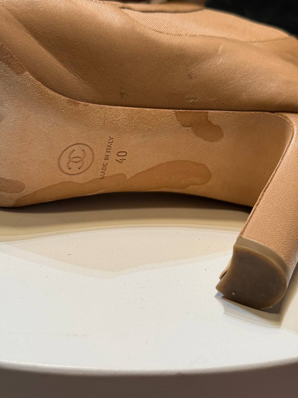 Chanel Beige Leather Open-Toe Ankle Boots with Chain Detail