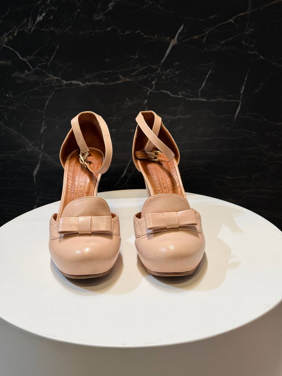 Chie Mihara Baby Pink Leather Heels with Bow Accent