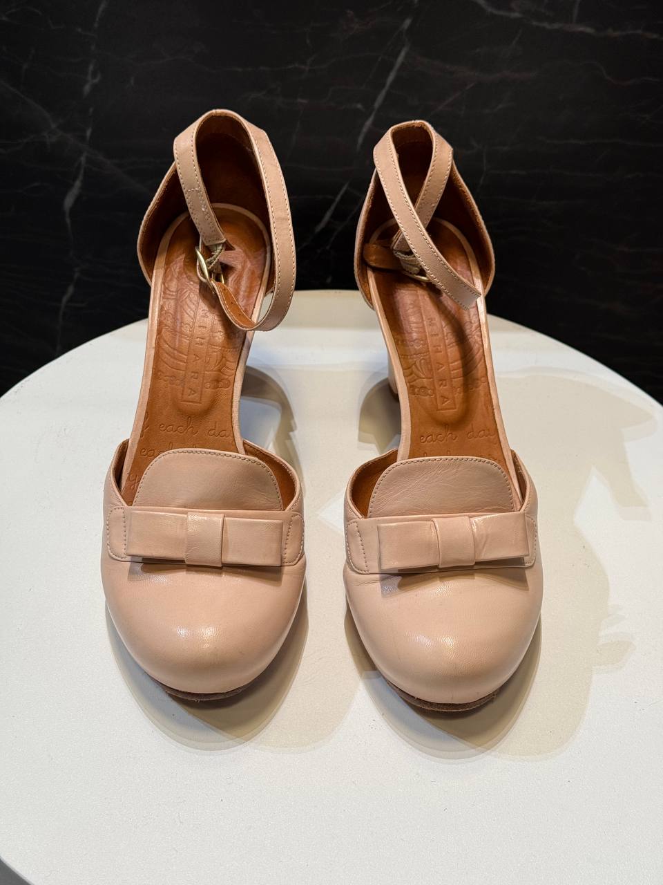 Chie Mihara Baby Pink Leather Heels with Bow Accent