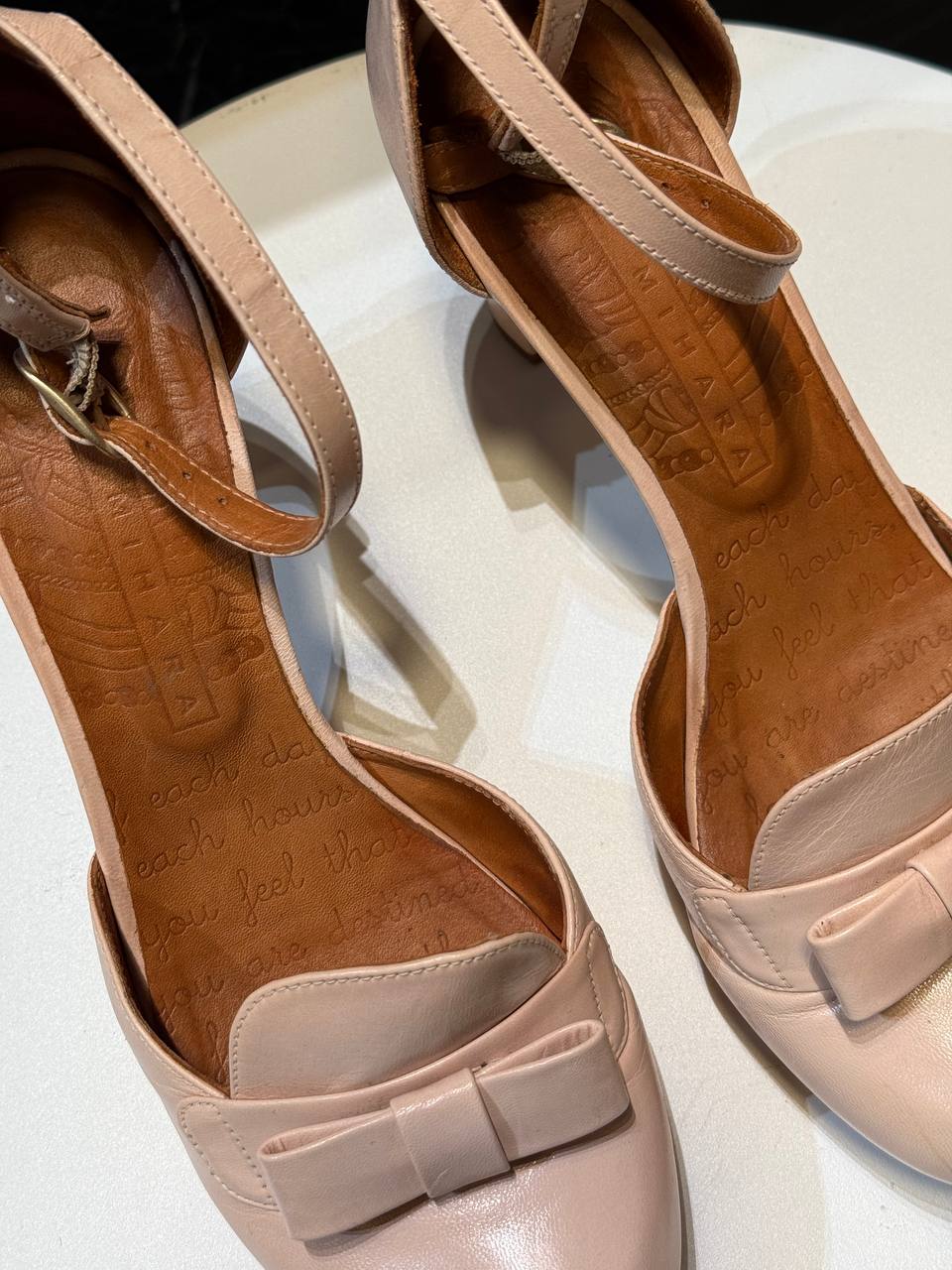 Chie Mihara Baby Pink Leather Heels with Bow Accent