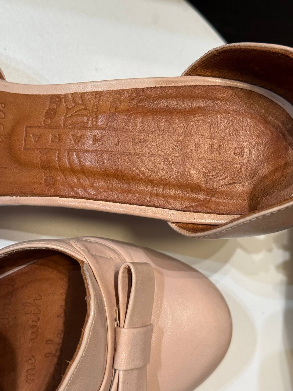 Chie Mihara Baby Pink Leather Heels with Bow Accent