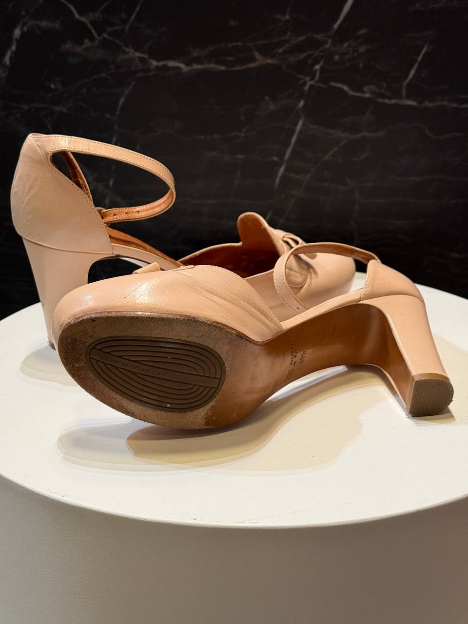 Chie Mihara Baby Pink Leather Heels with Bow Accent