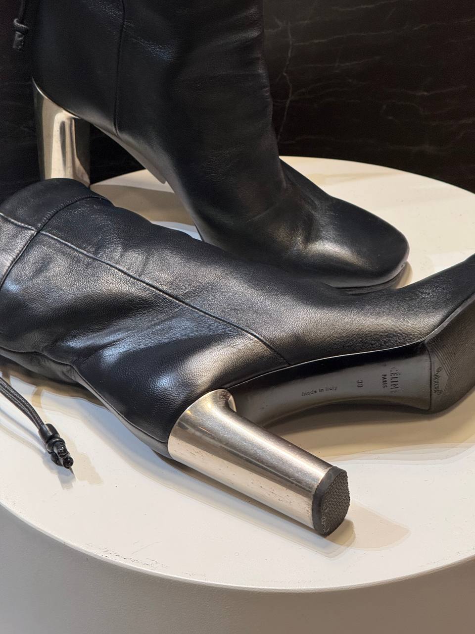 Celine Black Leather Ankle Boots with Silver Cylindrical Heel