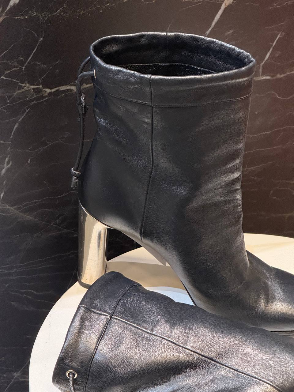 Celine Black Leather Ankle Boots with Silver Cylindrical Heel