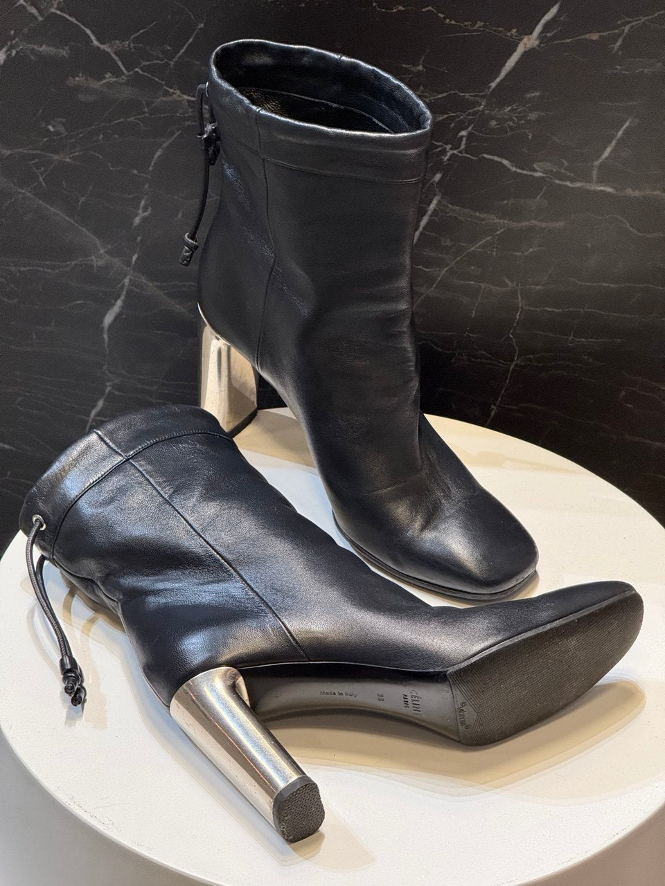 Celine Black Leather Ankle Boots with Silver Cylindrical Heel