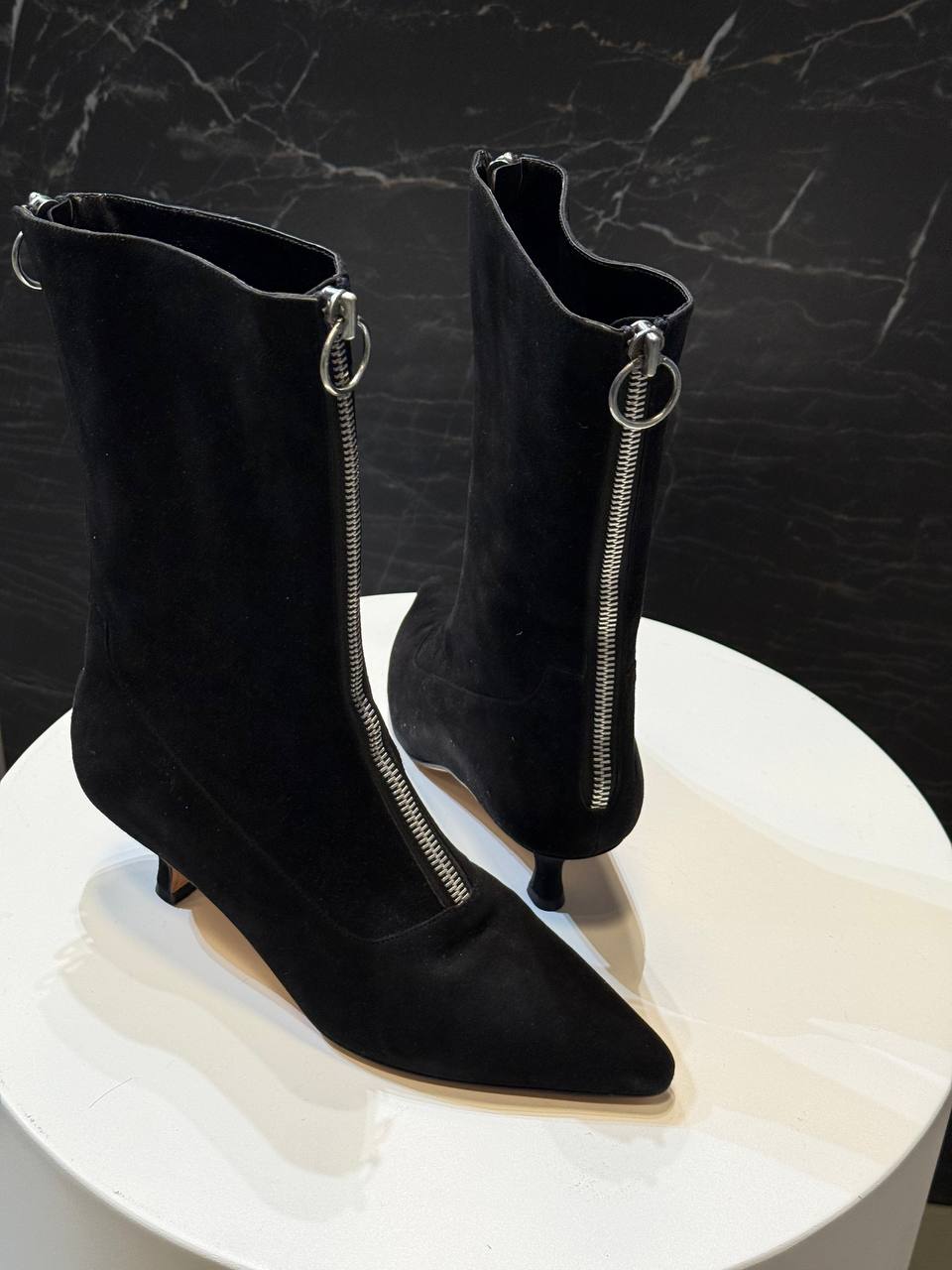 Manolo Blahnik Black Suede Ankle Boots with Zipper Detail