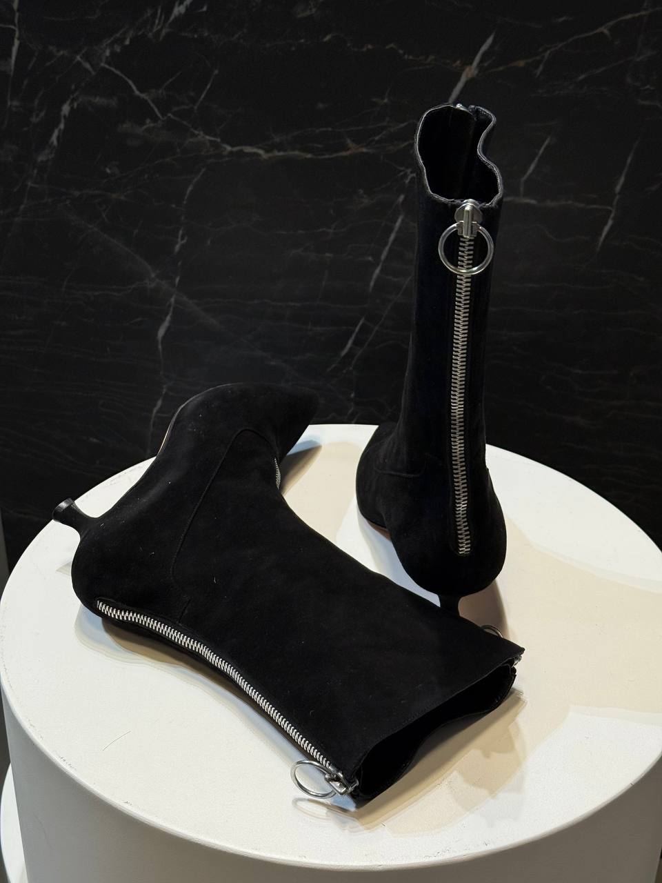 Manolo Blahnik Black Suede Ankle Boots with Zipper Detail