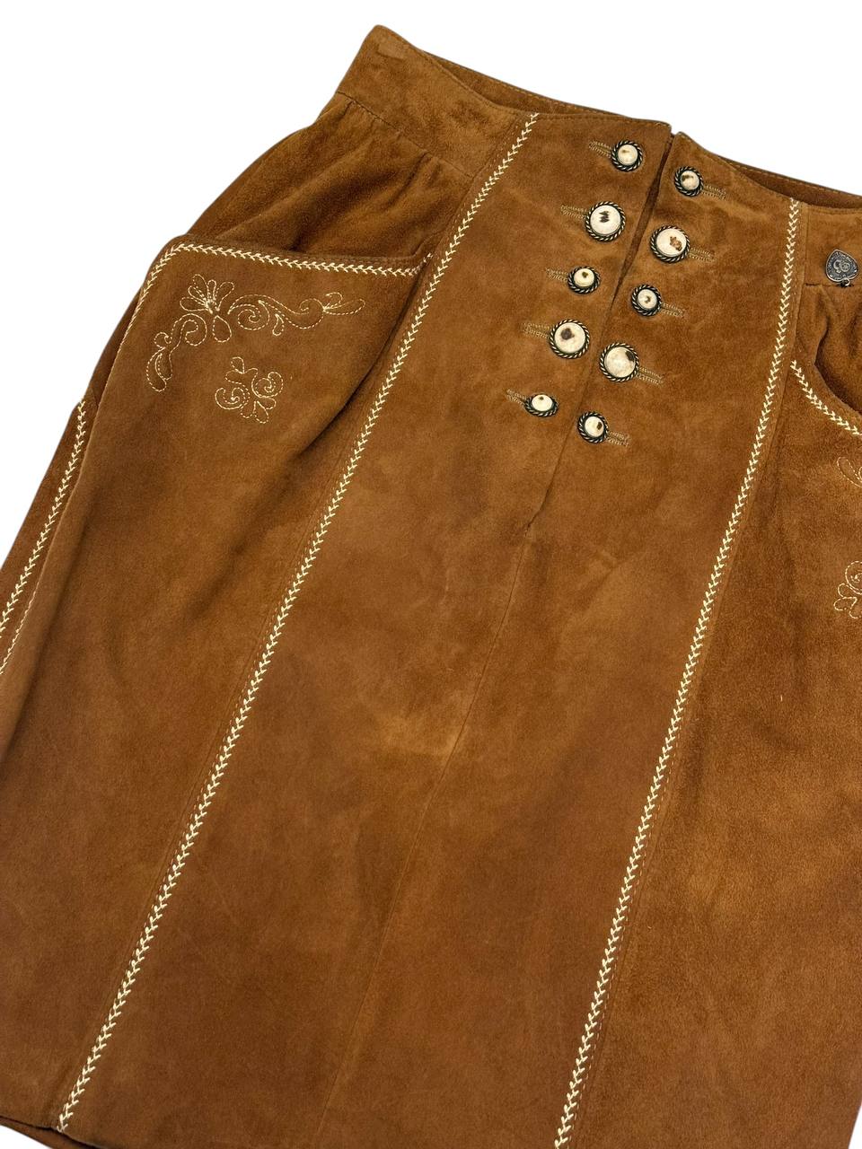 Burgi Traditional Austrian Leather Skirt with Embroidery (Brown)