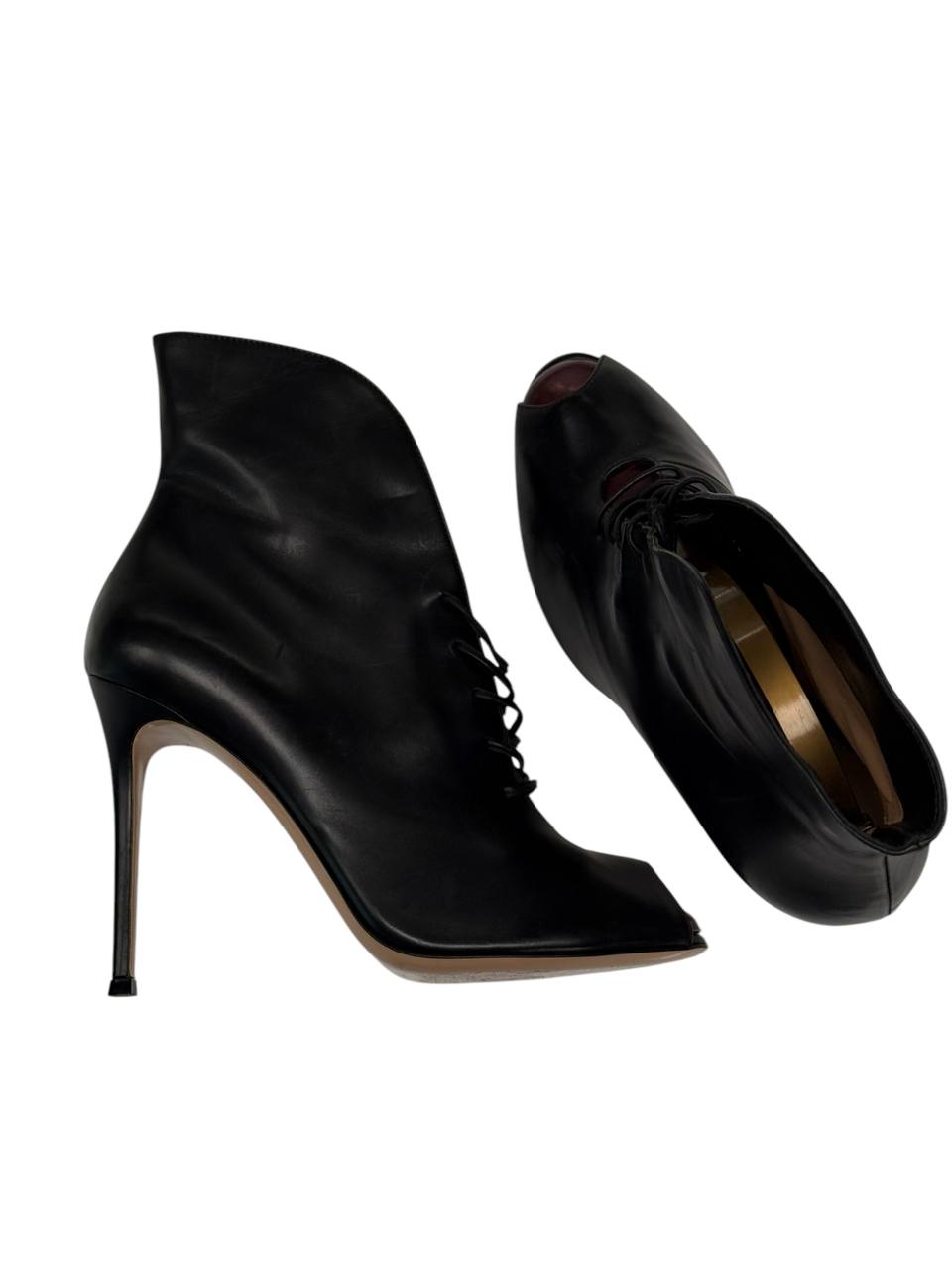Gianvito Rossi Black Leather Open-Toe Lace-Up Ankle Boots