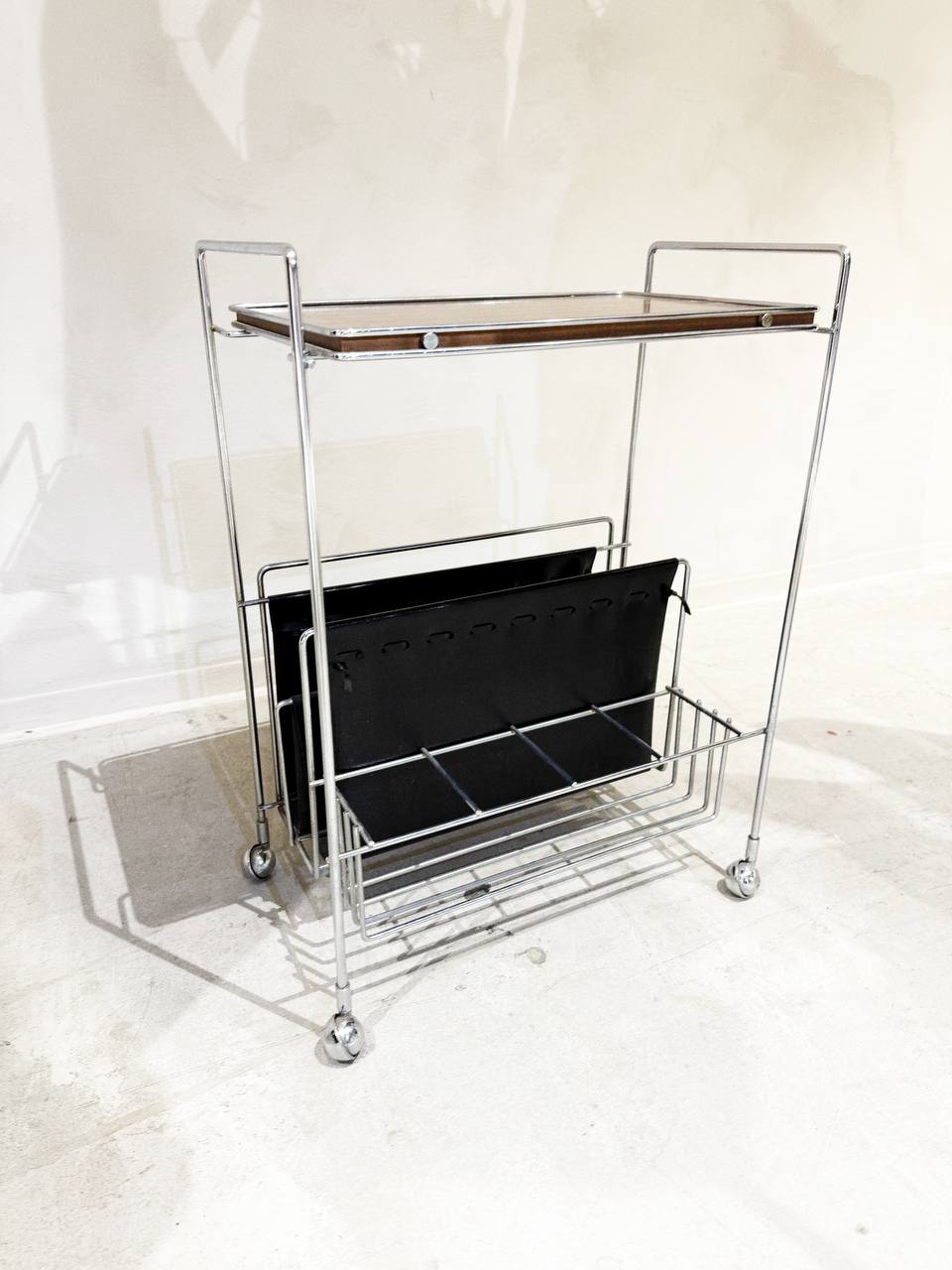 Vintage Rolling Magazine Rack with Wood Top – Mid-Century Modern