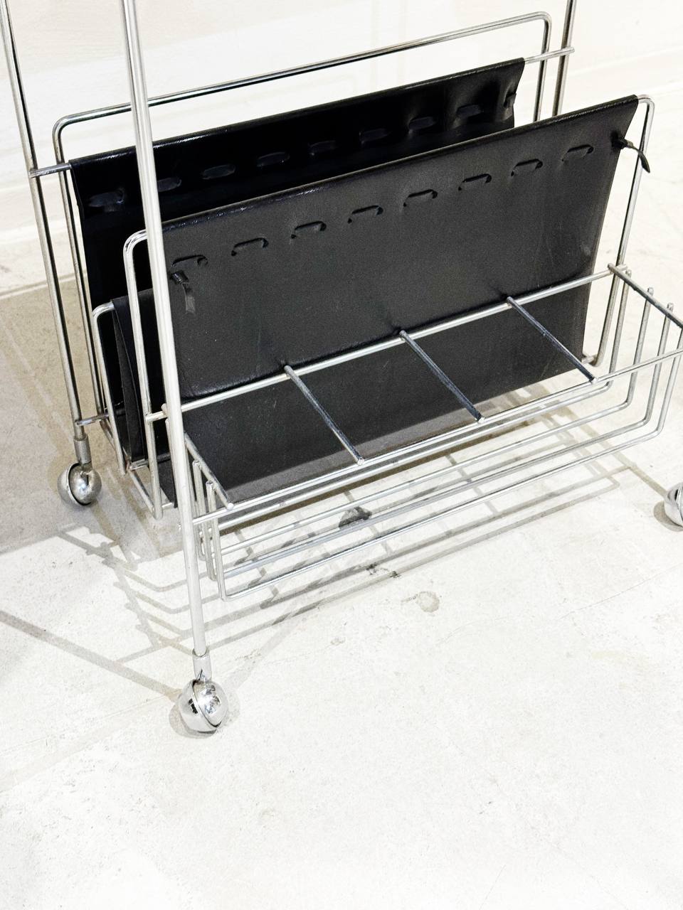 Vintage Rolling Magazine Rack with Wood Top – Mid-Century Modern