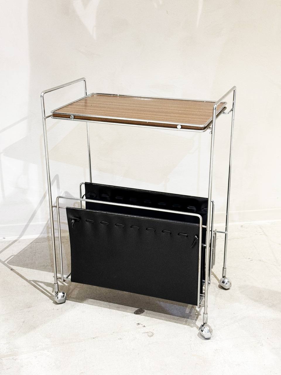 Vintage Rolling Magazine Rack with Wood Top – Mid-Century Modern