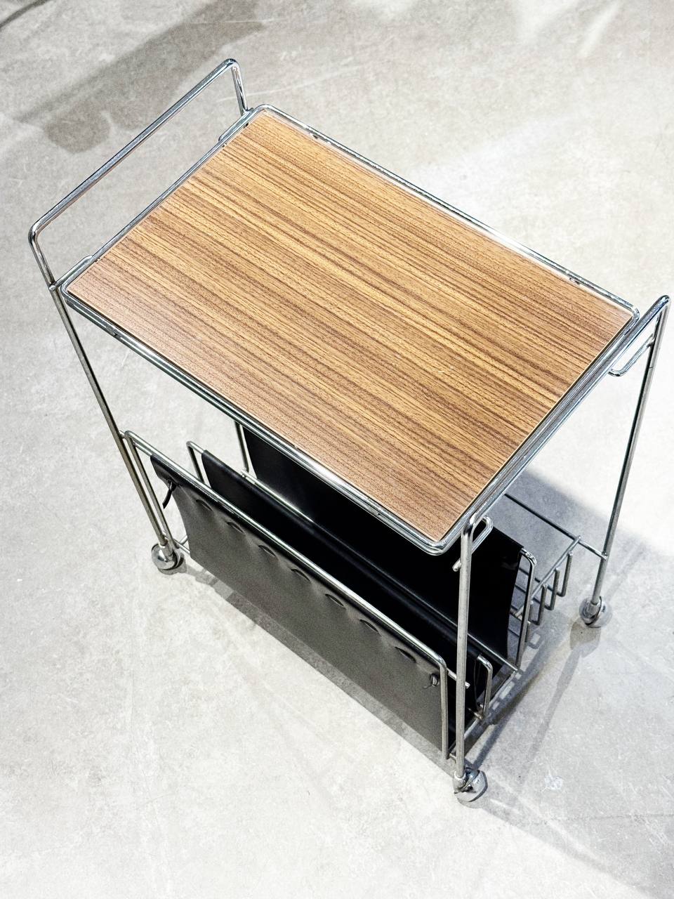 Vintage Rolling Magazine Rack with Wood Top – Mid-Century Modern