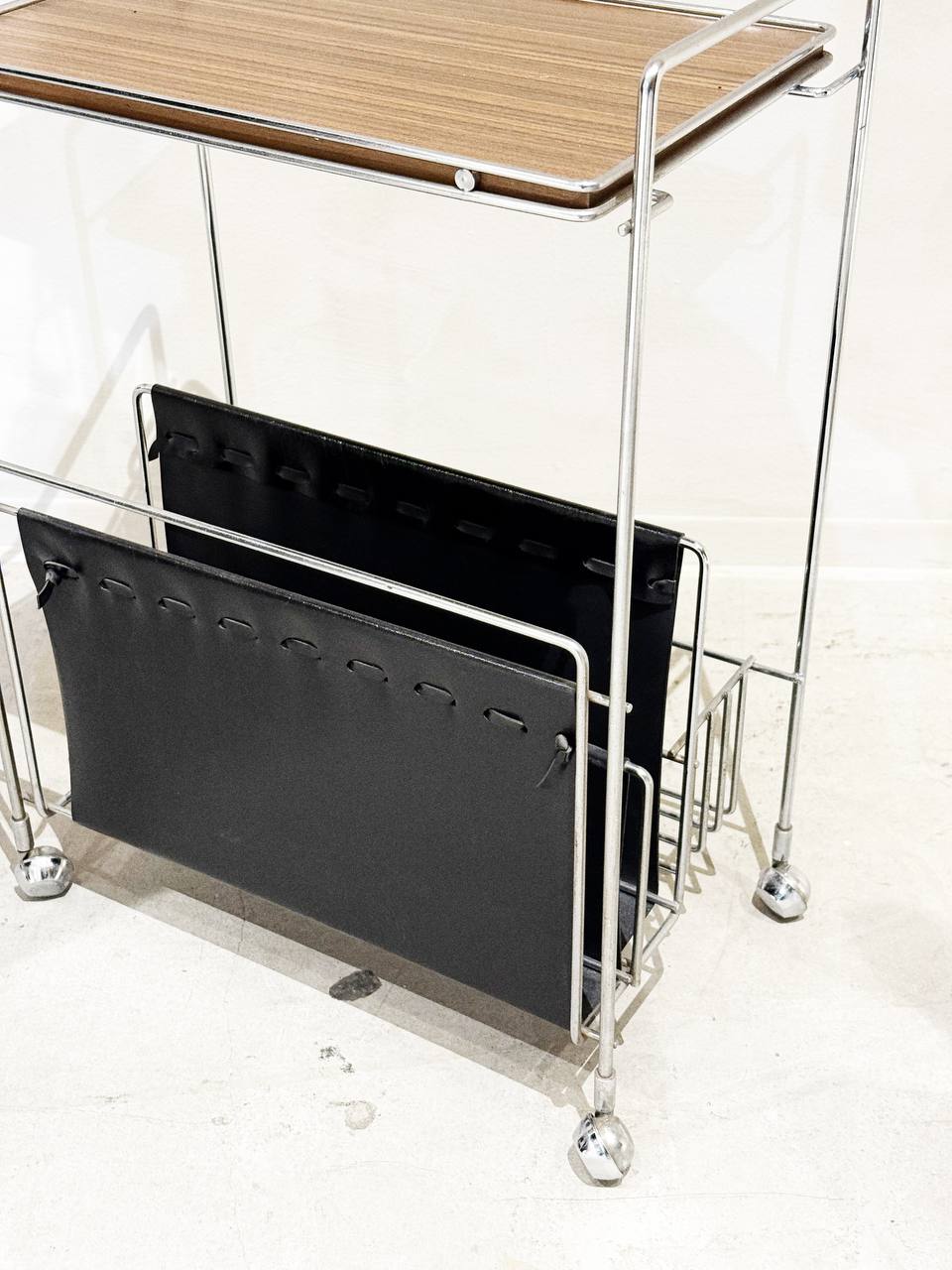 Vintage Rolling Magazine Rack with Wood Top – Mid-Century Modern