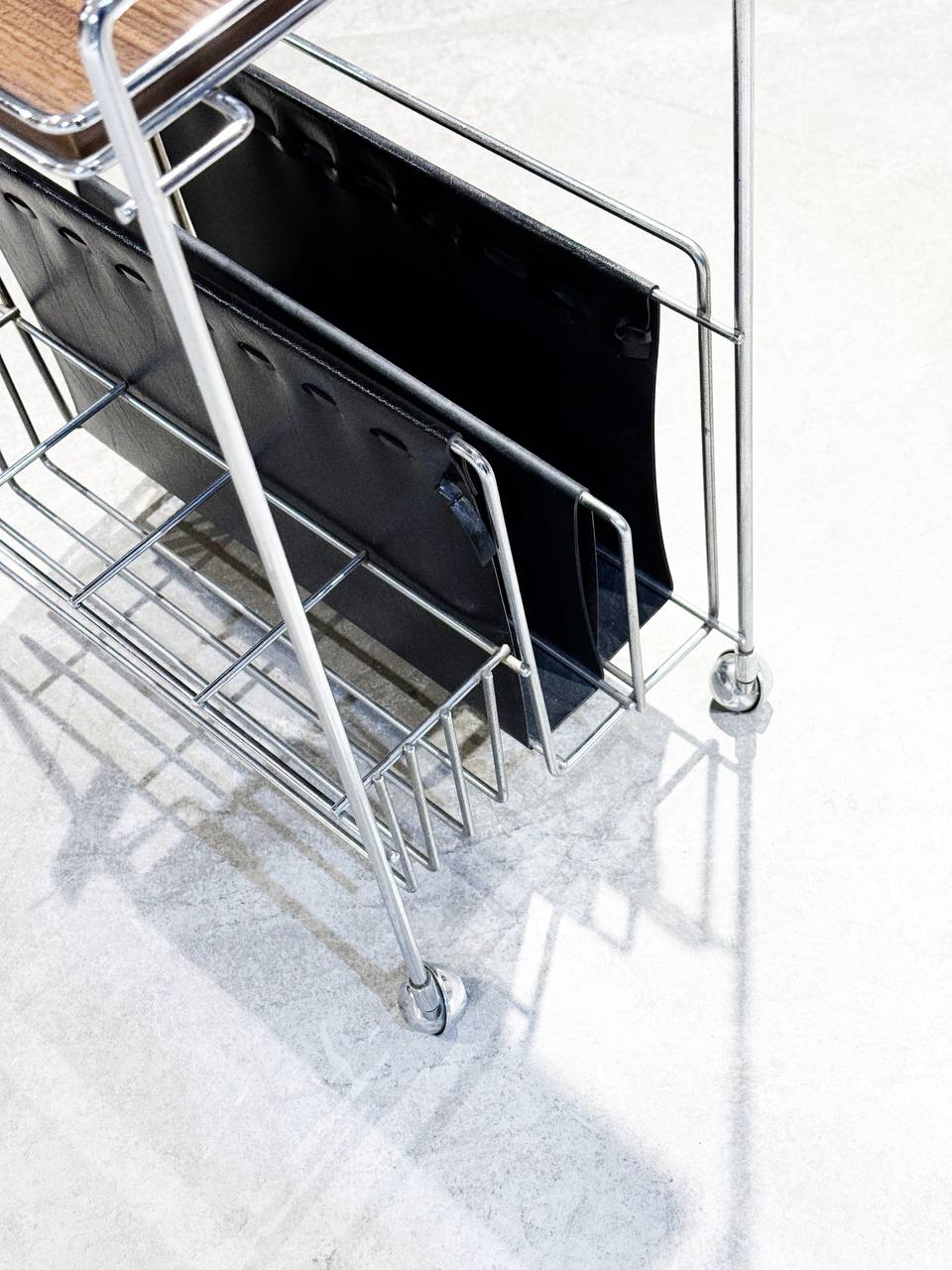 Vintage Rolling Magazine Rack with Wood Top – Mid-Century Modern