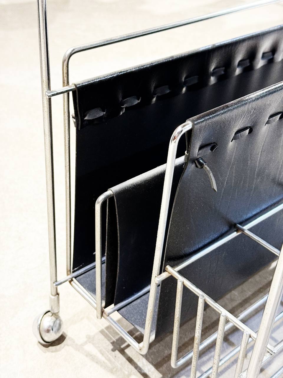 Vintage Rolling Magazine Rack with Wood Top – Mid-Century Modern