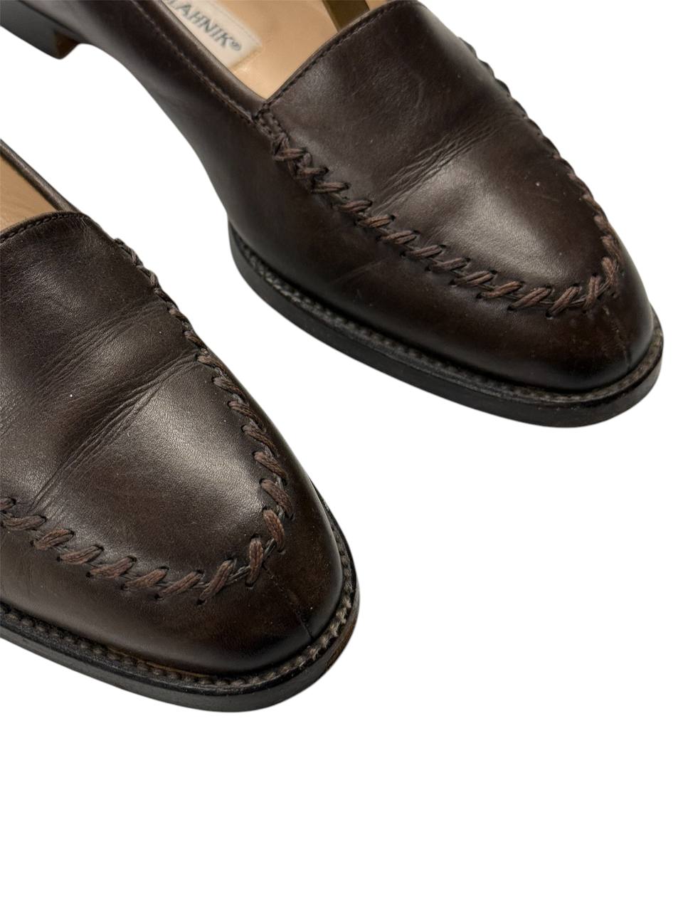 Manolo Blahnik Classic Stitch Loafers in Brown Leather
