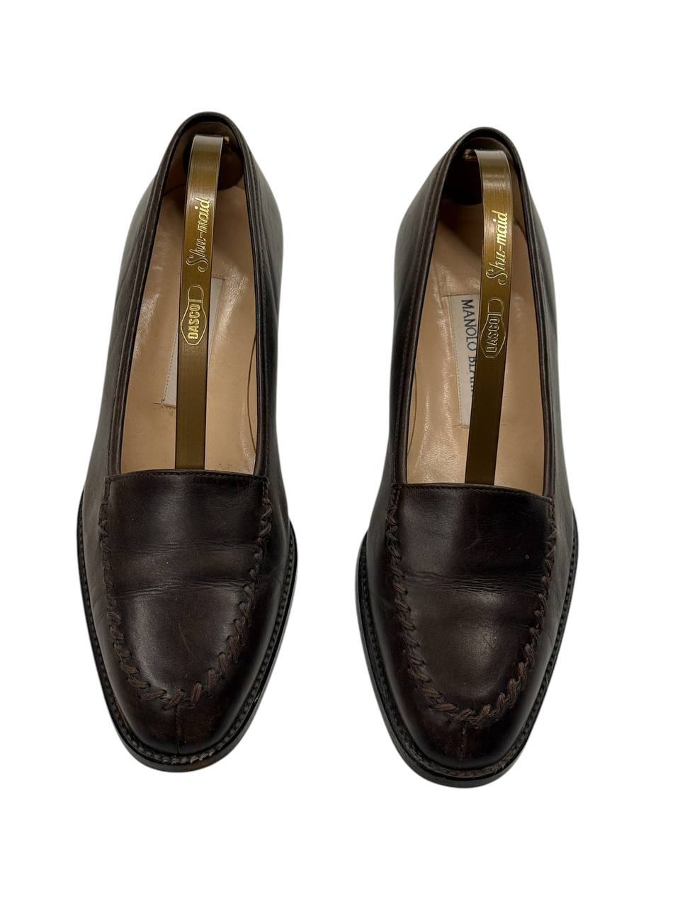Manolo Blahnik Classic Stitch Loafers in Brown Leather