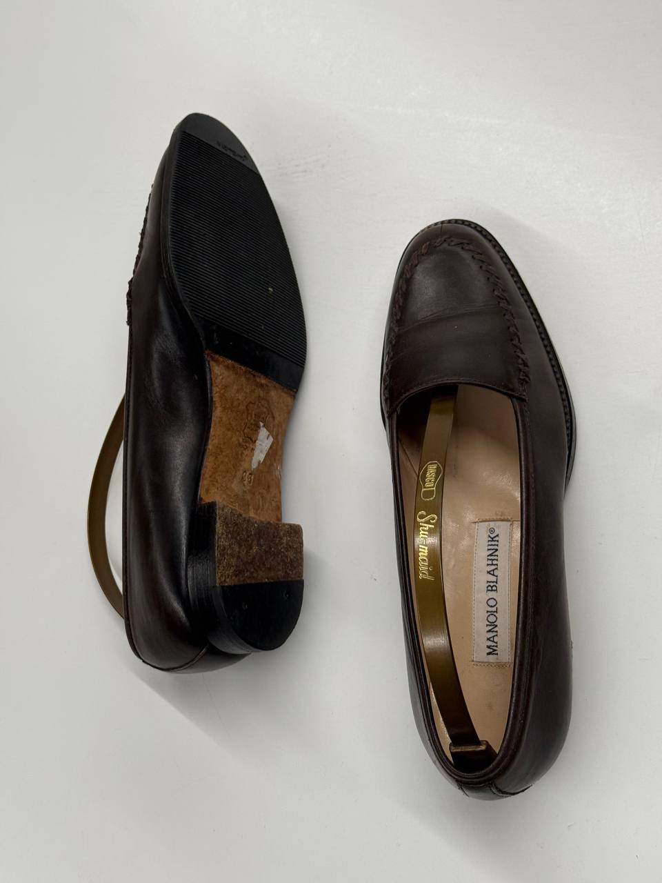 Manolo Blahnik Classic Stitch Loafers in Brown Leather